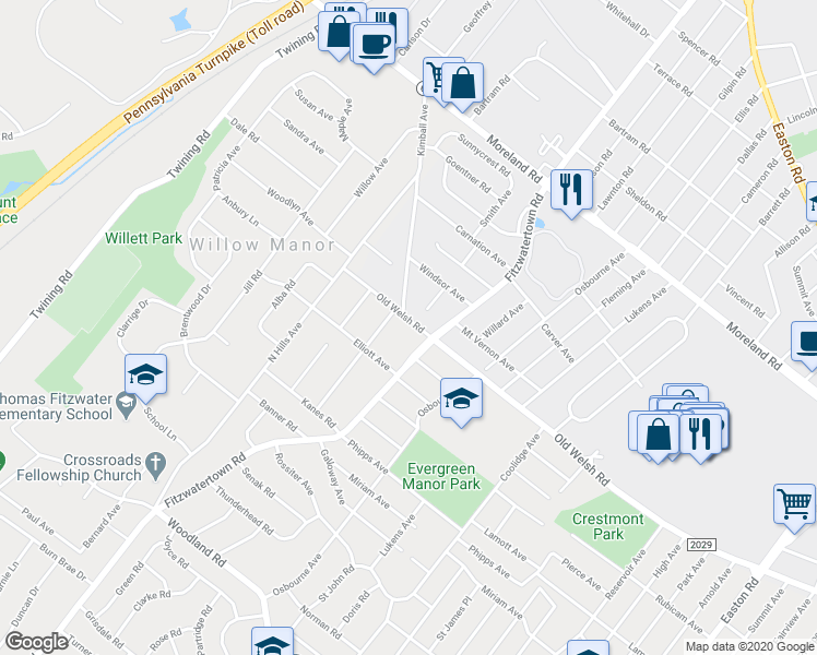 map of restaurants, bars, coffee shops, grocery stores, and more near 2920 Old Welsh Road in Willow Grove