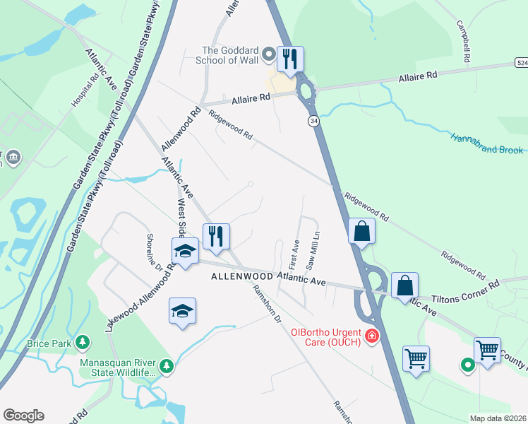 map of restaurants, bars, coffee shops, grocery stores, and more near 2102 Red Gate Road in Allenwood