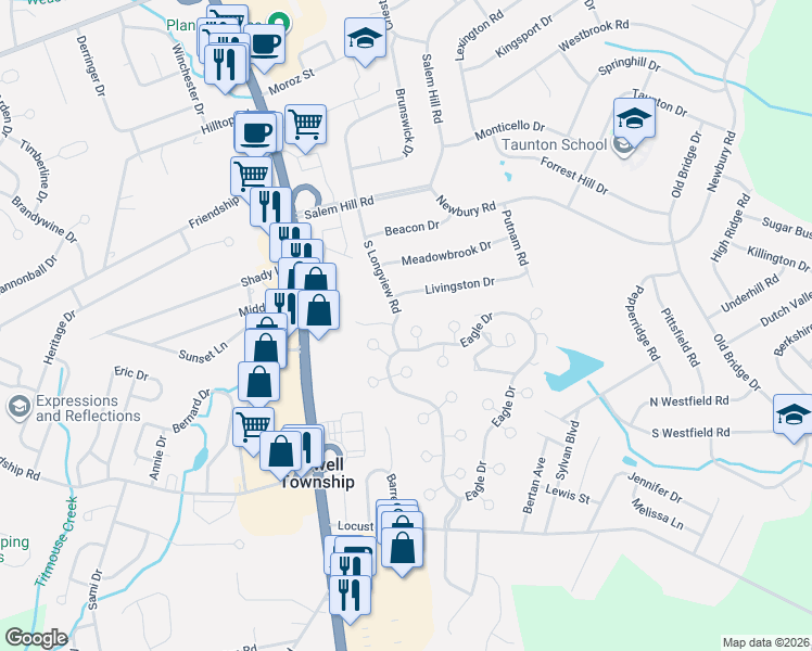 map of restaurants, bars, coffee shops, grocery stores, and more near 6 Canary Circle in Howell Township