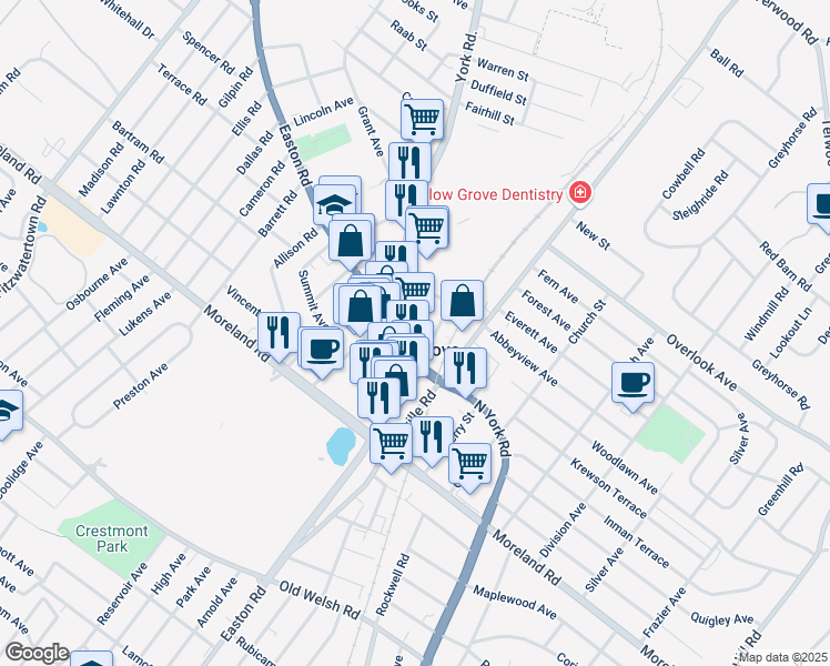 map of restaurants, bars, coffee shops, grocery stores, and more near 151 York Road in Willow Grove