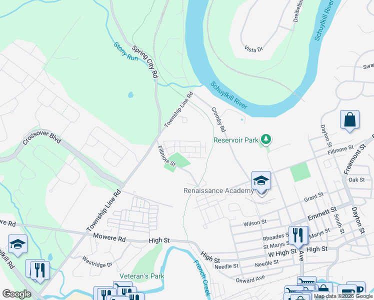 map of restaurants, bars, coffee shops, grocery stores, and more near 219 Dayton Street in Phoenixville
