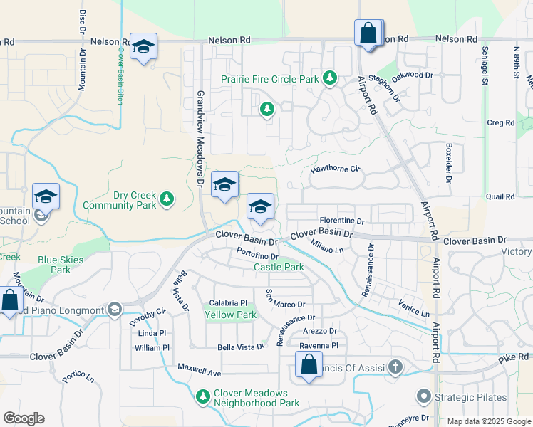 map of restaurants, bars, coffee shops, grocery stores, and more near 4444 Clover Basin Drive in Longmont