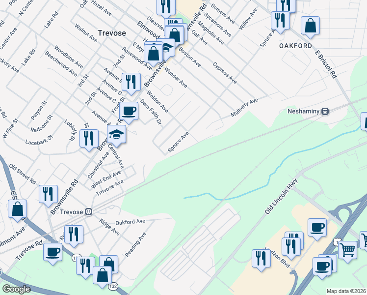 map of restaurants, bars, coffee shops, grocery stores, and more near 3676 Moosewood Avenue in Feasterville-Trevose