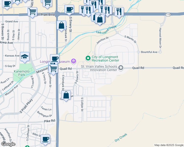 map of restaurants, bars, coffee shops, grocery stores, and more near 1257 Hummingbird Circle in Longmont