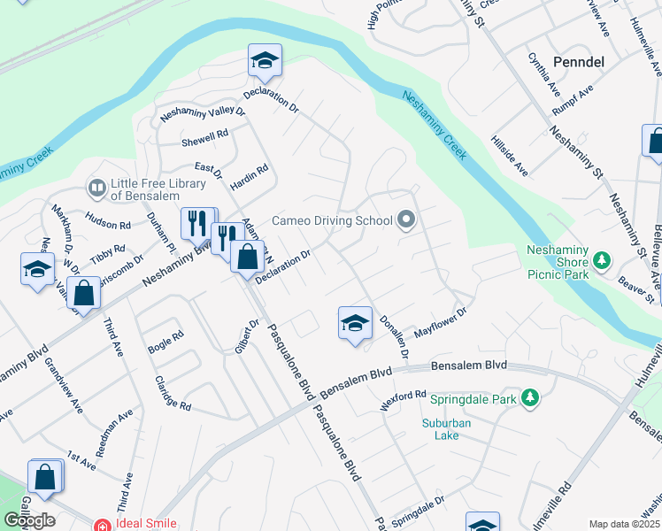 map of restaurants, bars, coffee shops, grocery stores, and more near 3333 Carroll Court in Bensalem