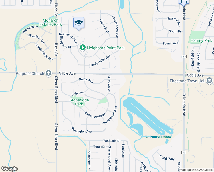 map of restaurants, bars, coffee shops, grocery stores, and more near 9903 Cascade Street in Firestone