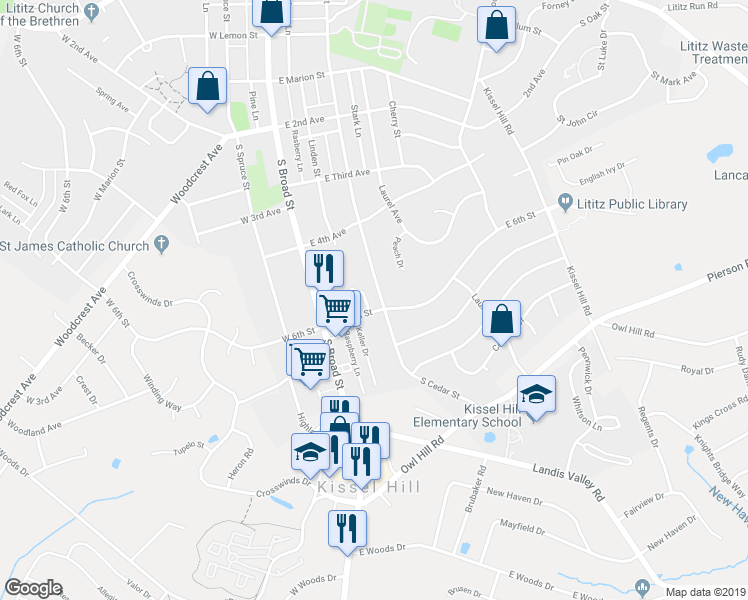 map of restaurants, bars, coffee shops, grocery stores, and more near 682 South Cedar Street in Lititz