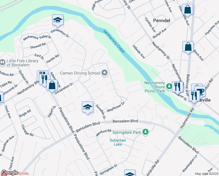 map of restaurants, bars, coffee shops, grocery stores, and more near 6417 Brandywine Court in Bucks County