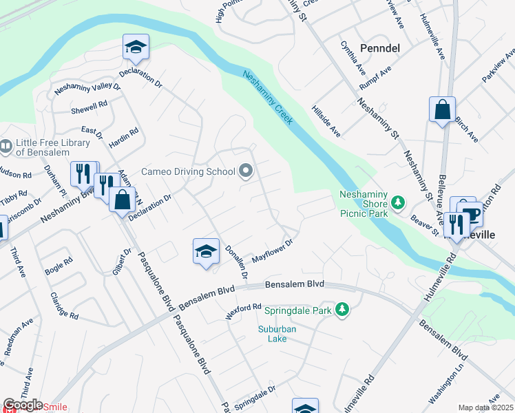 map of restaurants, bars, coffee shops, grocery stores, and more near 6417 Brandywine Court in Bucks County