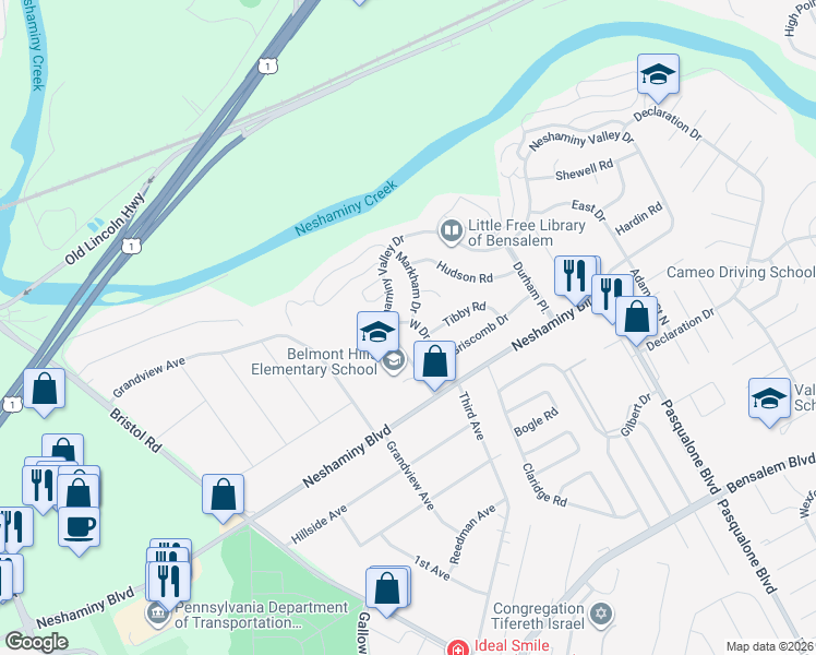 map of restaurants, bars, coffee shops, grocery stores, and more near 3575 West Drive in Bucks County