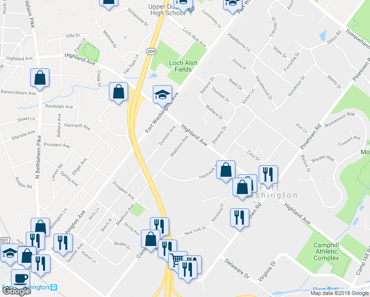 map of restaurants, bars, coffee shops, grocery stores, and more near 521 Madison Avenue in Fort Washington