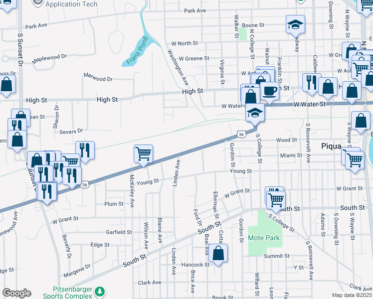 map of restaurants, bars, coffee shops, grocery stores, and more near 918 Covington Avenue in Piqua