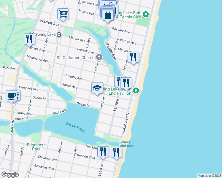 map of restaurants, bars, coffee shops, grocery stores, and more near 113 Atlantic Avenue in Spring Lake