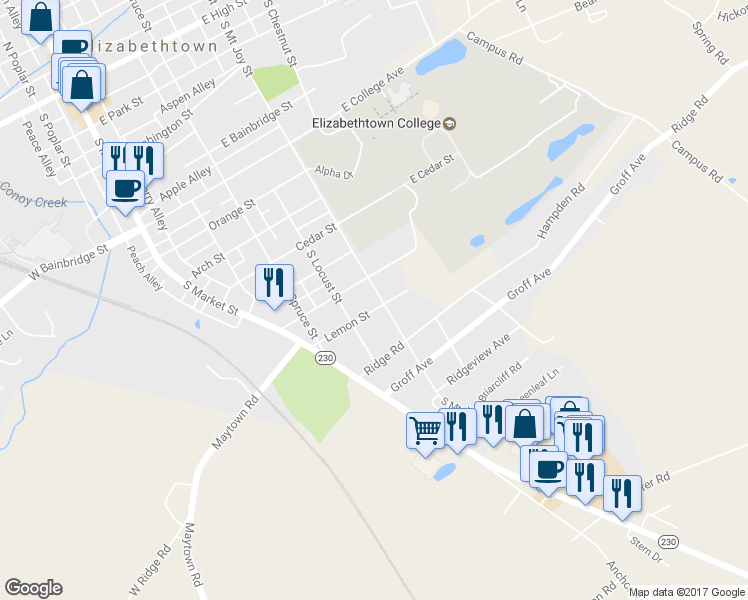 map of restaurants, bars, coffee shops, grocery stores, and more near 395 Lemon St in Elizabethtown