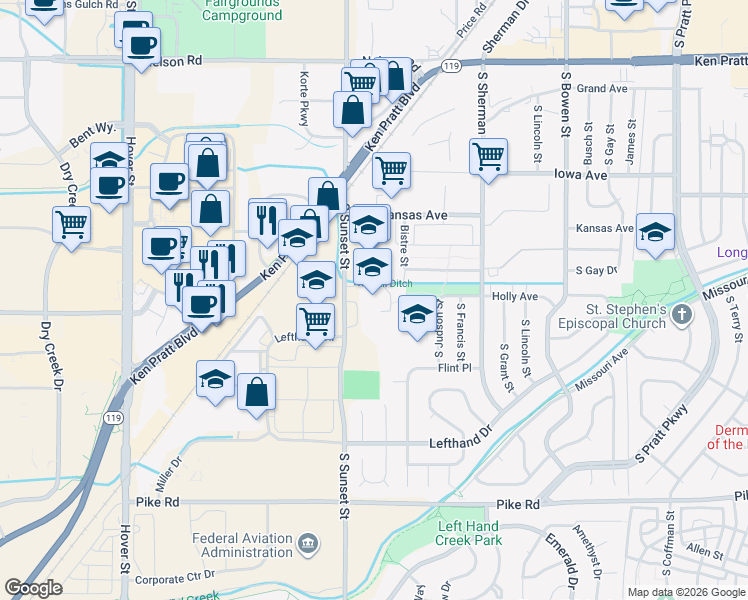 map of restaurants, bars, coffee shops, grocery stores, and more near 1300 South Sunset Street in Longmont