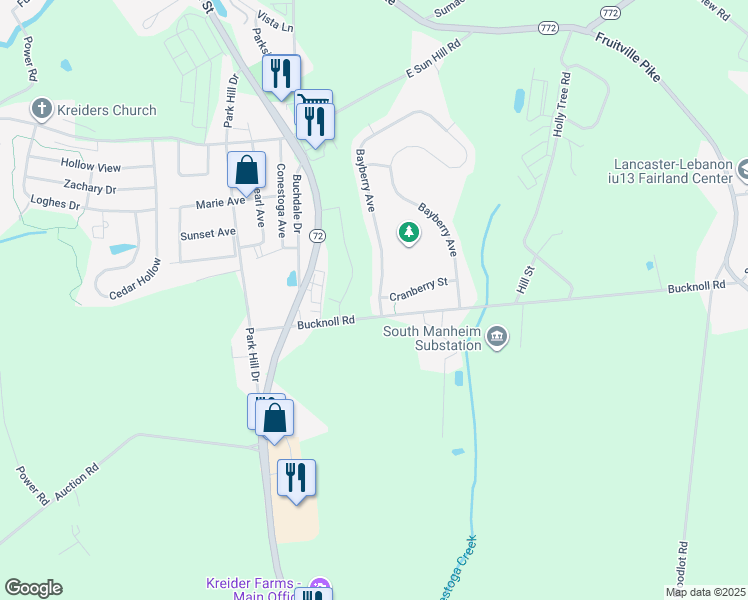map of restaurants, bars, coffee shops, grocery stores, and more near 6009 Bayberry Avenue in Manheim