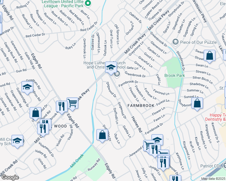 map of restaurants, bars, coffee shops, grocery stores, and more near 310 Dogwood Drive in Levittown