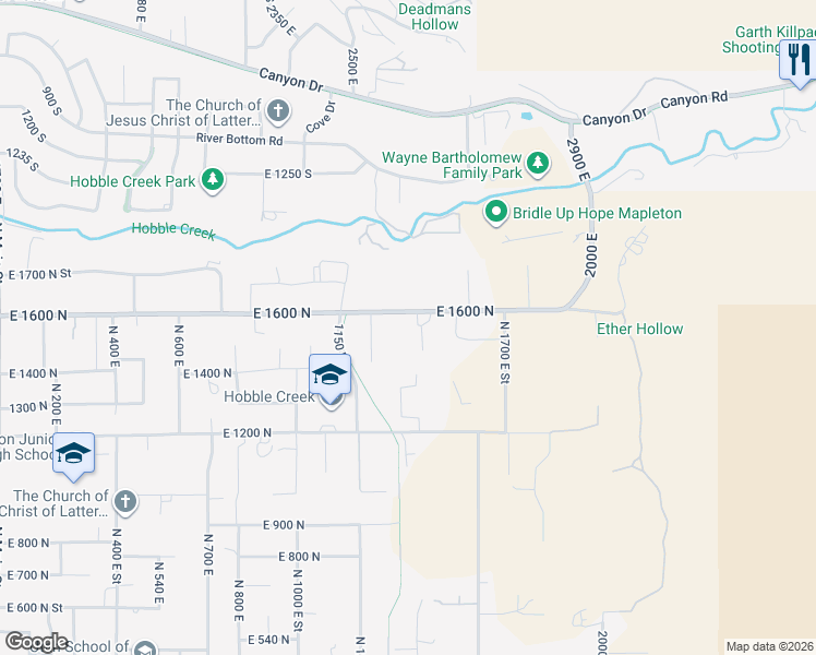 map of restaurants, bars, coffee shops, grocery stores, and more near 1548 North 1350 East Street in Mapleton