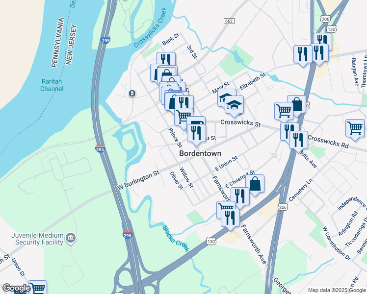 map of restaurants, bars, coffee shops, grocery stores, and more near 343 Prince Street in Bordentown