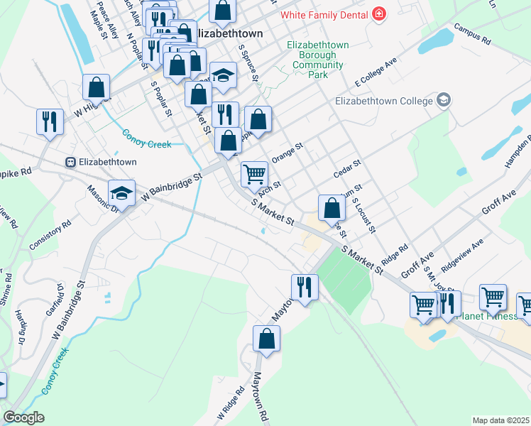 map of restaurants, bars, coffee shops, grocery stores, and more near 7414 Stone Alley in Elizabethtown