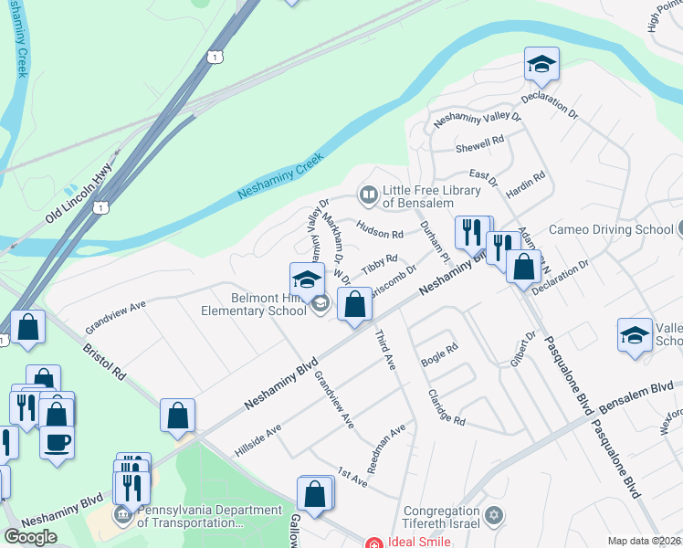 map of restaurants, bars, coffee shops, grocery stores, and more near 3575 West Drive in Bensalem