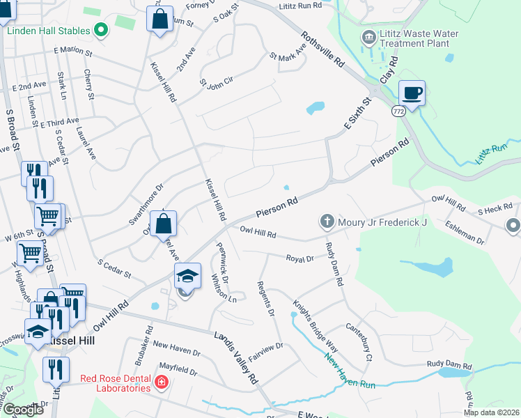map of restaurants, bars, coffee shops, grocery stores, and more near 313 Pierson Road in Lititz
