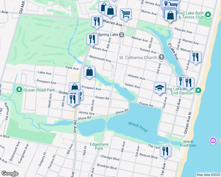 map of restaurants, bars, coffee shops, grocery stores, and more near 552 Prospect Avenue in Spring Lake