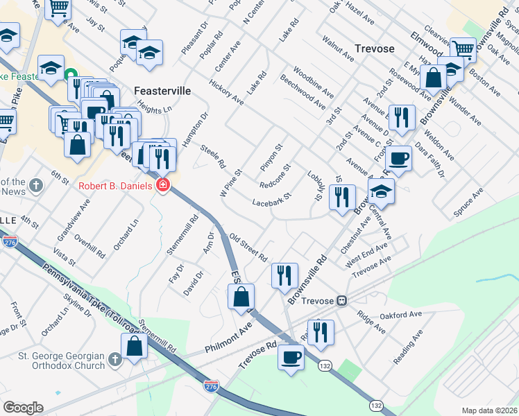 map of restaurants, bars, coffee shops, grocery stores, and more near 531 Lacebark Street in Feasterville-Trevose