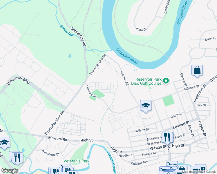 map of restaurants, bars, coffee shops, grocery stores, and more near 219 Dayton Street in Phoenixville