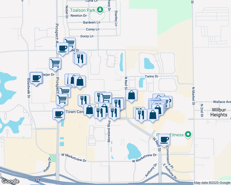 map of restaurants, bars, coffee shops, grocery stores, and more near 2413 North Neil Street in Champaign