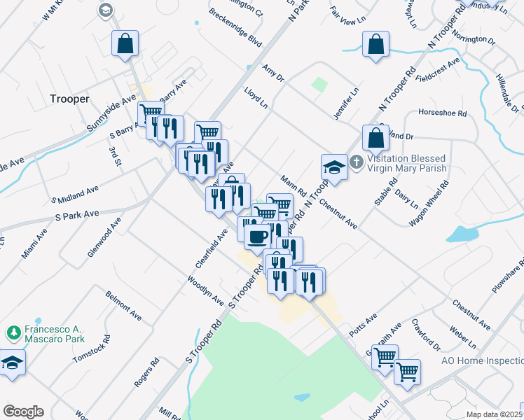 map of restaurants, bars, coffee shops, grocery stores, and more near 10 Henry Rd in Eagleville