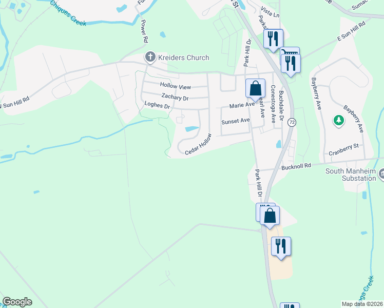 map of restaurants, bars, coffee shops, grocery stores, and more near 293 Cedar Hollow in Manheim