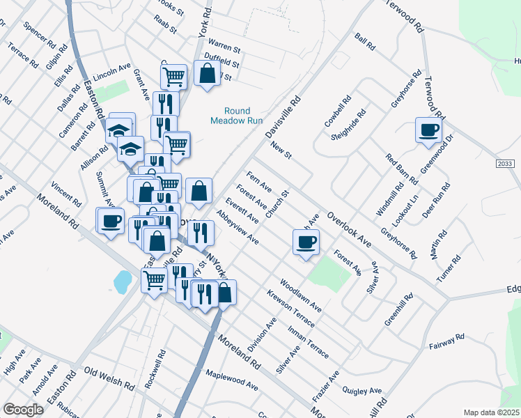map of restaurants, bars, coffee shops, grocery stores, and more near 24 Forest Avenue in Willow Grove