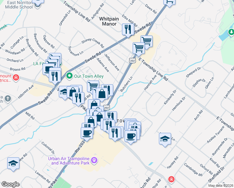 map of restaurants, bars, coffee shops, grocery stores, and more near 2954 Butchers Lane in East Norriton
