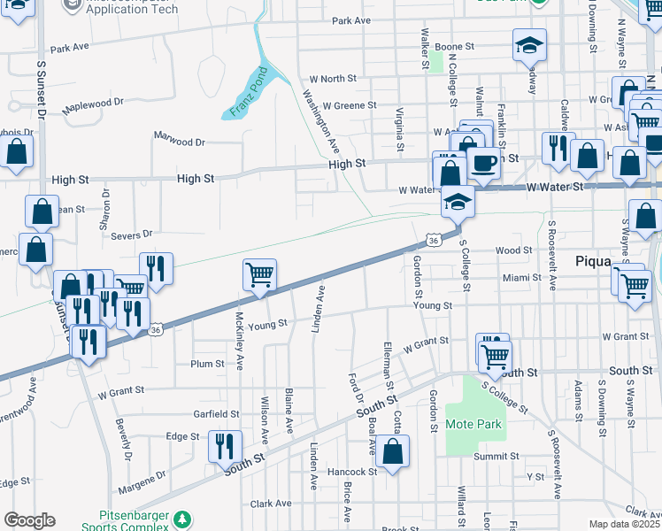 map of restaurants, bars, coffee shops, grocery stores, and more near 918 Covington Avenue in Piqua