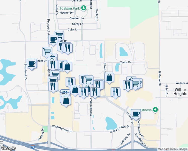 map of restaurants, bars, coffee shops, grocery stores, and more near 2417 North Neil Street in Champaign