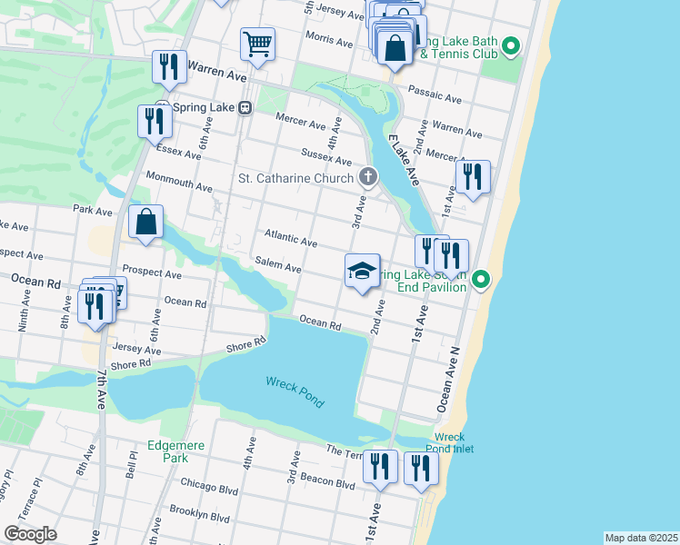 map of restaurants, bars, coffee shops, grocery stores, and more near 300 Salem Avenue in Spring Lake