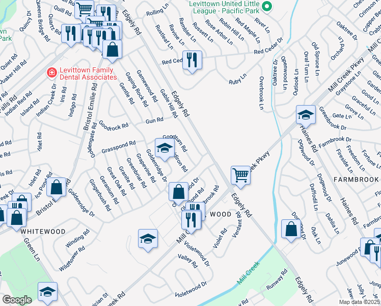 map of restaurants, bars, coffee shops, grocery stores, and more near 16 Goodturn Road in Levittown