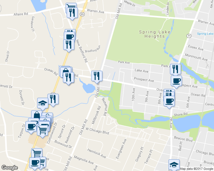 map of restaurants, bars, coffee shops, grocery stores, and more near 1202 Pond Road in Spring Lake