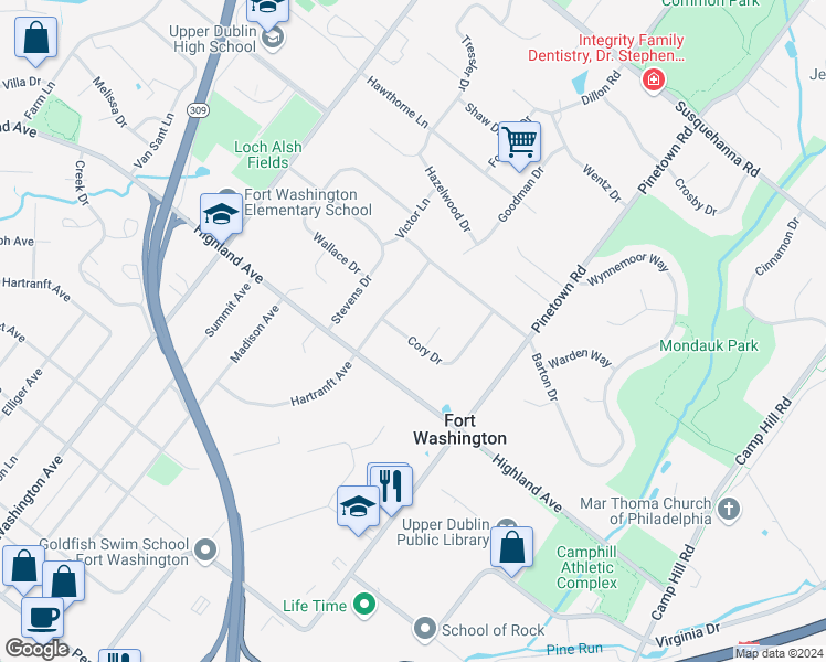 map of restaurants, bars, coffee shops, grocery stores, and more near 1308 Cory Drive in Fort Washington