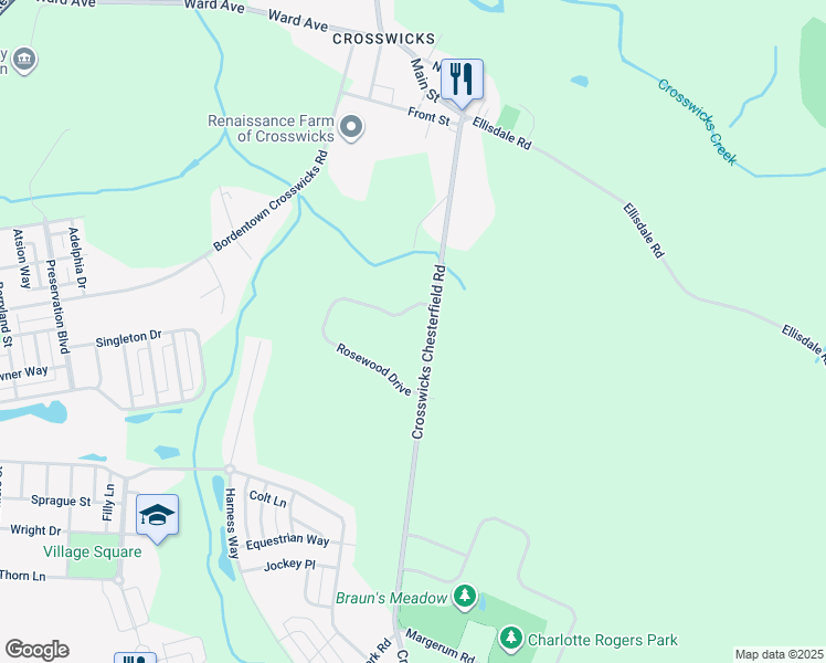 map of restaurants, bars, coffee shops, grocery stores, and more near 22 Rosewood Drive in Crosswicks