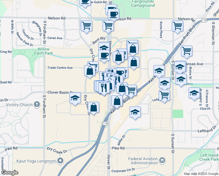 map of restaurants, bars, coffee shops, grocery stores, and more near 1211 South Hover Road in Longmont