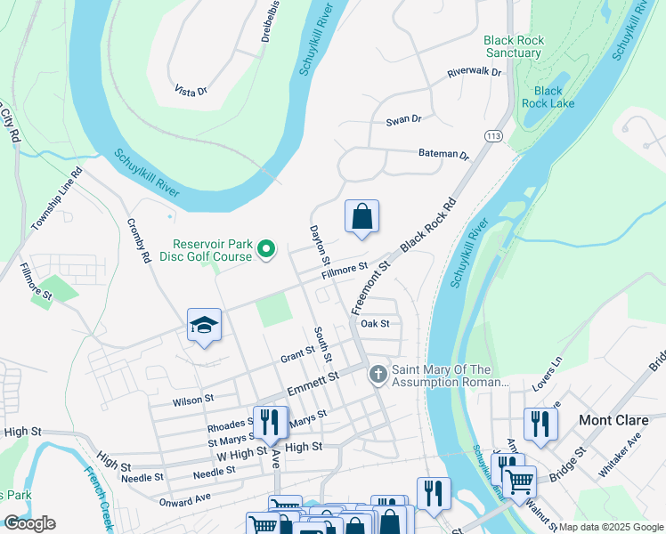 map of restaurants, bars, coffee shops, grocery stores, and more near 1056 Balley Drive in Phoenixville