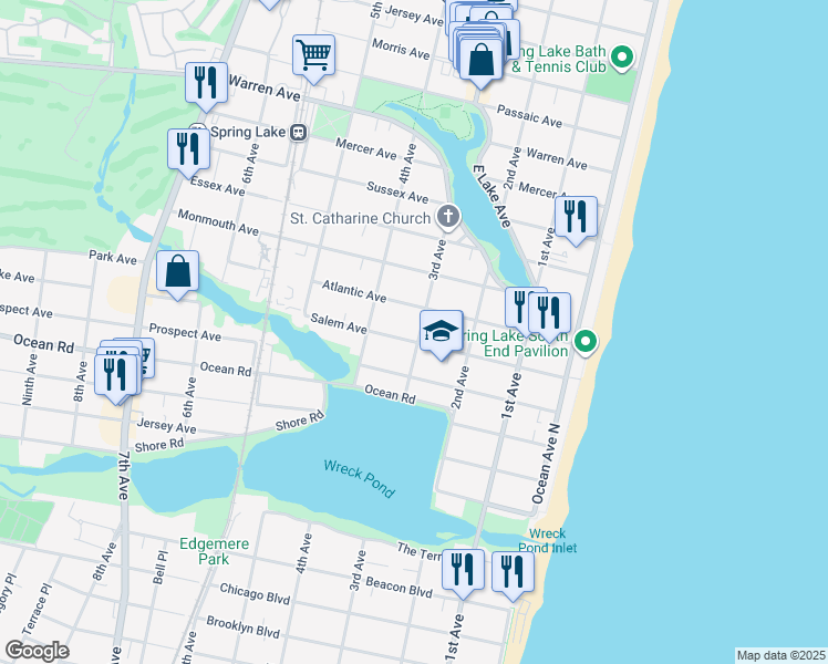 map of restaurants, bars, coffee shops, grocery stores, and more near 300 Salem Avenue in Spring Lake