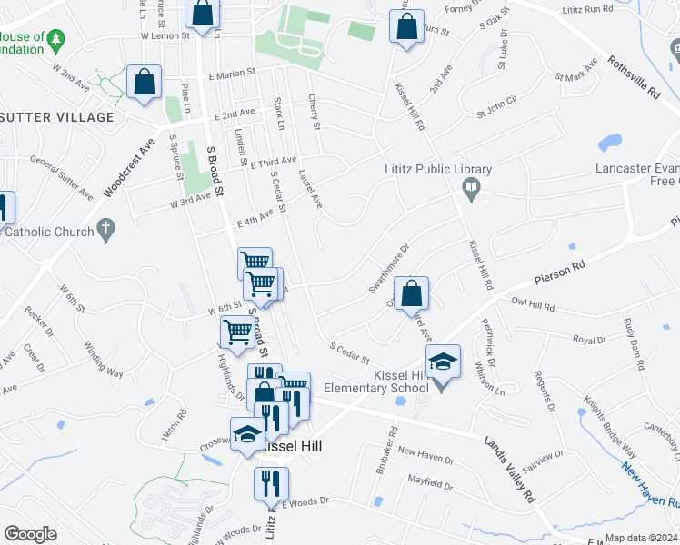 map of restaurants, bars, coffee shops, grocery stores, and more near 105 East 6th Street in Lititz