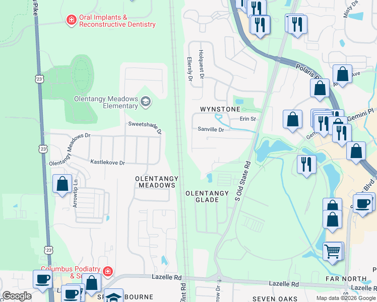 map of restaurants, bars, coffee shops, grocery stores, and more near 8821 Garrett Street in Lewis Center