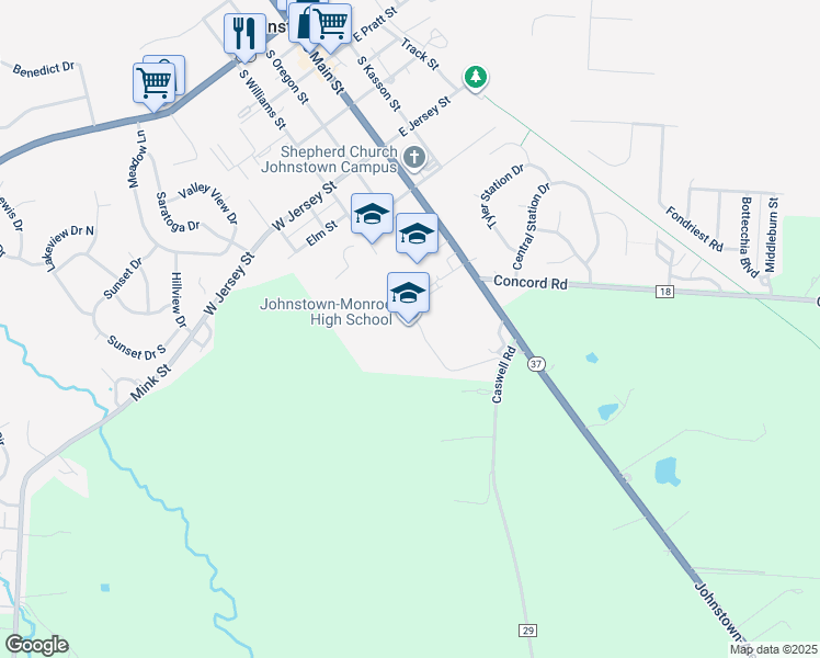 map of restaurants, bars, coffee shops, grocery stores, and more near 445 South Main Street in Johnstown
