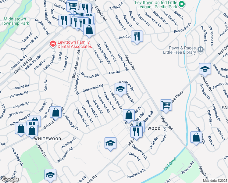 map of restaurants, bars, coffee shops, grocery stores, and more near 192 Goldenridge Drive in Levittown