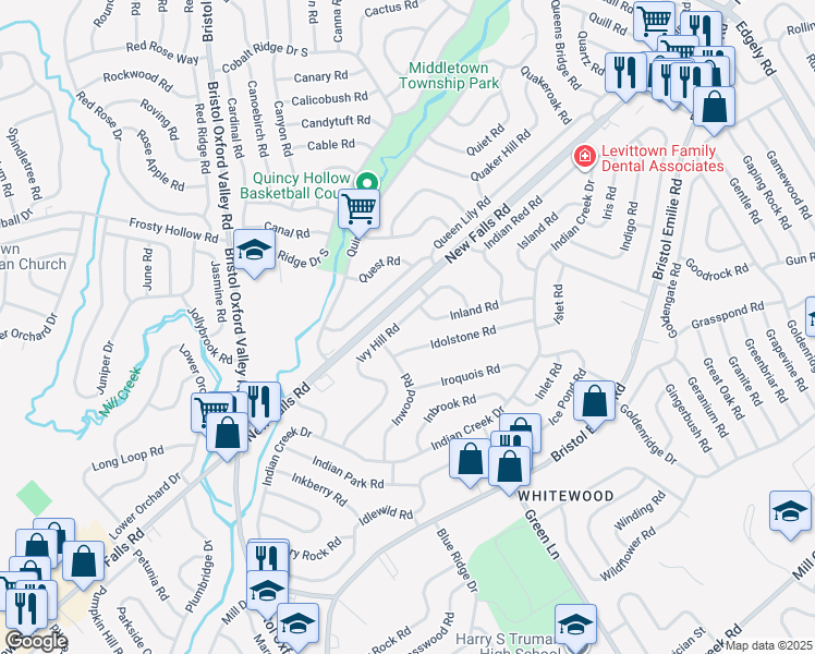map of restaurants, bars, coffee shops, grocery stores, and more near 98 Ivy Hill Road in Levittown