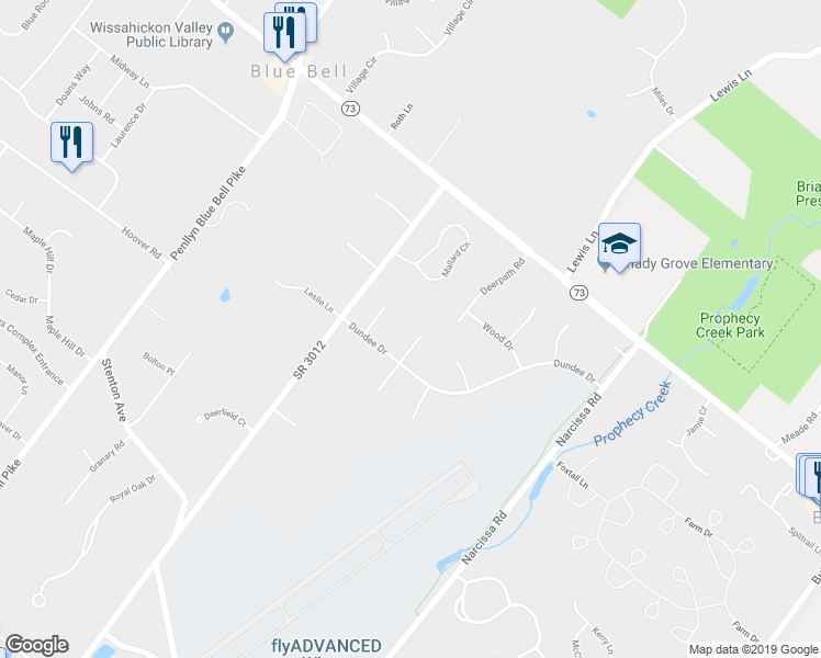 map of restaurants, bars, coffee shops, grocery stores, and more near 1075 Blyth Court in Blue Bell